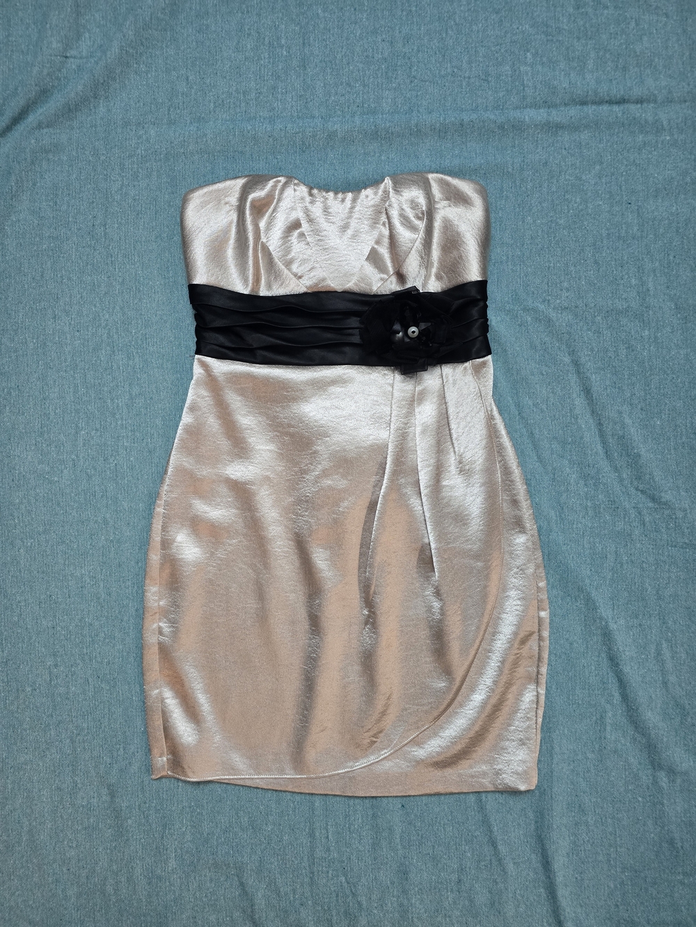 Strapless Champagne Satin Dress with Black Waistband